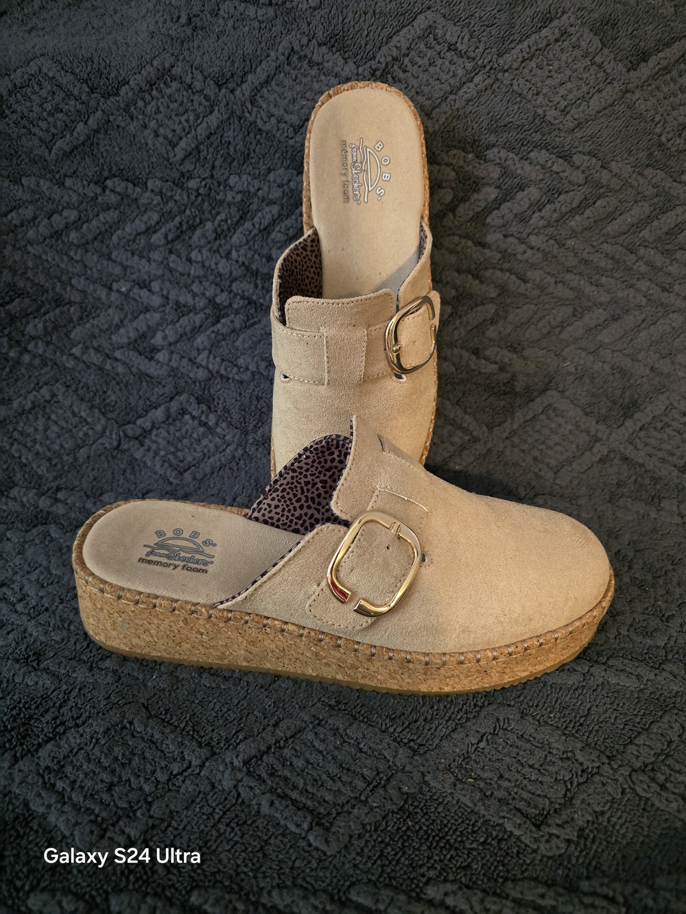 Birkenstock Beige Suede Platform Mule Clogs with Gold Buckles